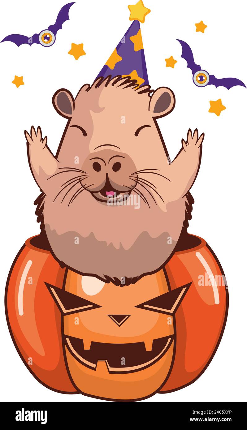 Cute cartoon funny capybara sit in Halloween pumpkin. Stock Vector