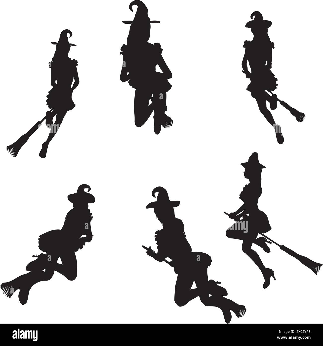 Detailed silhouette of with woman flying on broom illustration. Stock Vector