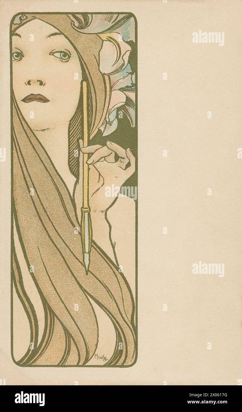 Woman with pencil, art nouveau - illustration by Alphonse Mucha Stock ...