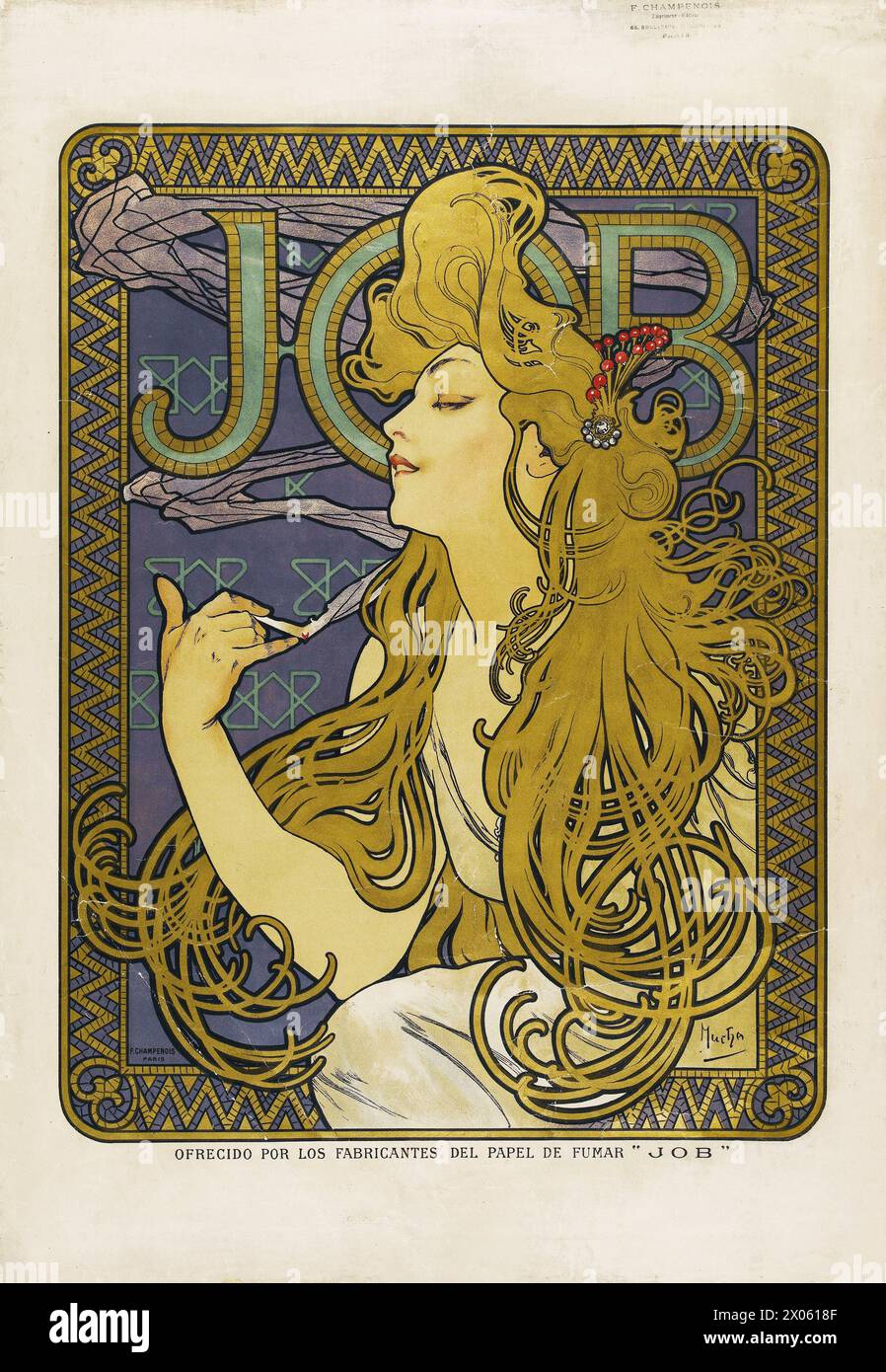 Job. Ofrecido por los manufacturers del papel de fumar 'Job' - Advertising, cigarette paper by Alphonse Mucha, 1890s - Art Nouveau Stock Photo