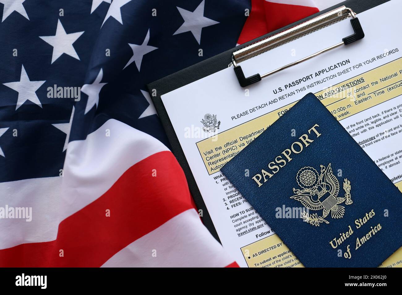 Department of State form DS11 Application for a U.S. Passport lies on table and ready to fill close up. Paperwork during operations with US Passport concept Stock Photo