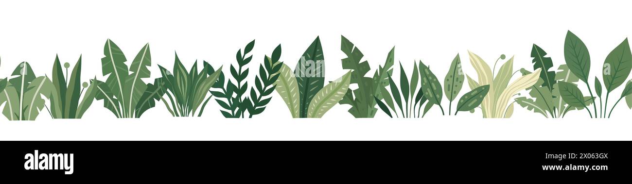 Vector seamless border with tropical plants. Natural frieze with bushes ...