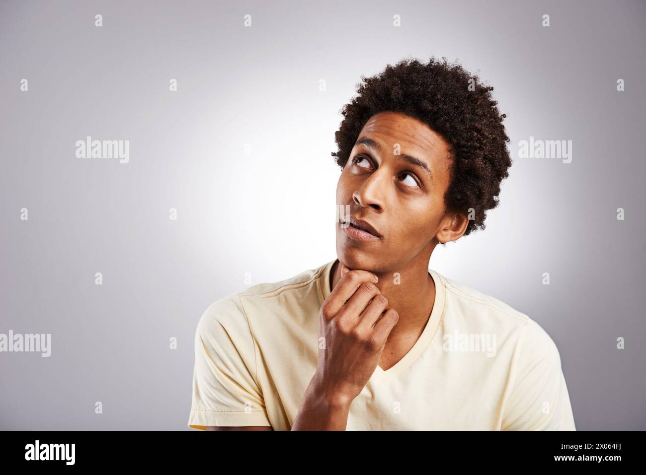 Thinking, confused and man in studio with mockup for planning, solution ...