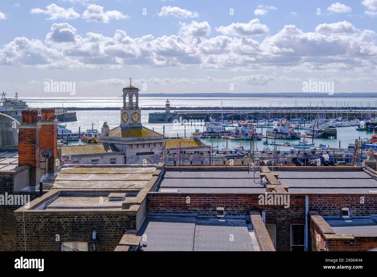 Looking out to sea at Ramsgate Royal Harbour with Clock House Building ...