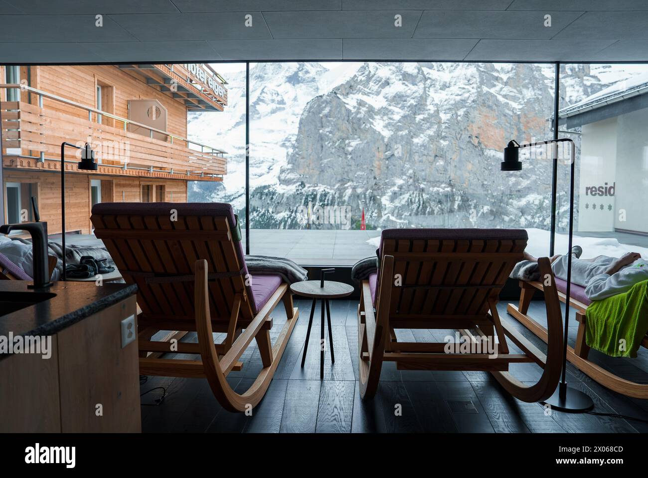 Cozy Interior with Mountain View and Rocking Chairs, Contemporary ...