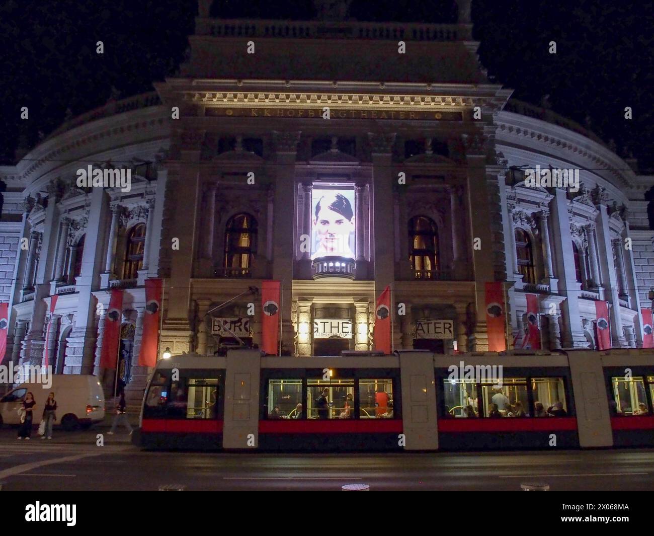 Vienna, Austria, Austria. 10th Apr, 2024. Opening night display of FLATZ: HITLER, A DOG LIFE - at the Burgtheater in Vienna. The Theater is decorated to look like Nazi Germany in the rise of Hitler's Nazi movement, yet with dogs in place of the Swastika. The opening commemorates April 9th when Hilter held his Pearl Speech in Vienna City Hall on April 9, 1938. The exhibition is open until the end of May. The Burgstheater is situation direction across from the City Hall where it was held. (Credit Image: © Bianca Otero/ZUMA Press Wire) EDITORIAL USAGE ONLY! Not for Commercial USAGE! Stock Photo