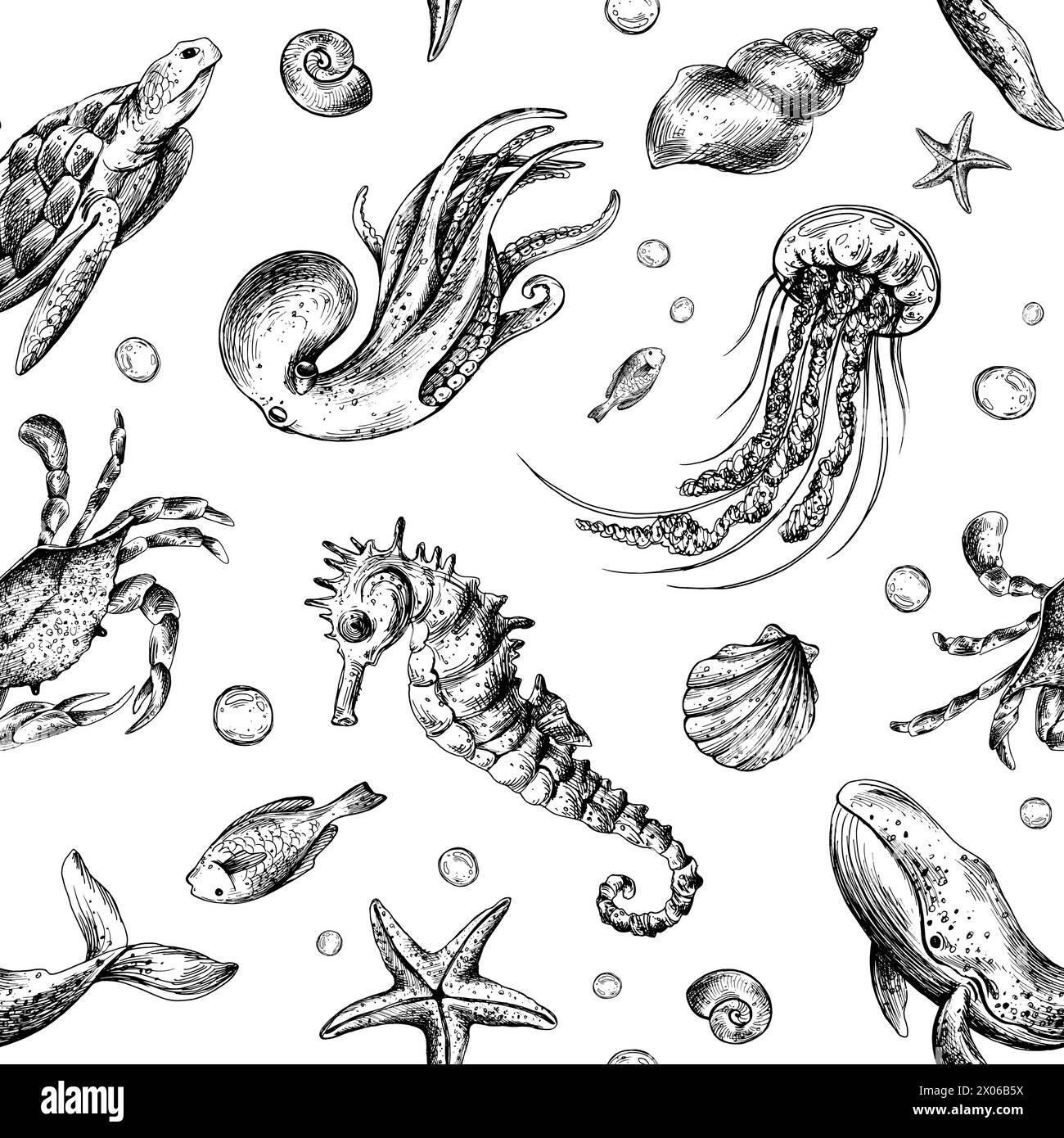 Underwater world clipart with sea animals whale, turtle, octopus, seahorse, starfish, shells, coral and algae. Graphic illustration hand drawn in Stock Vector