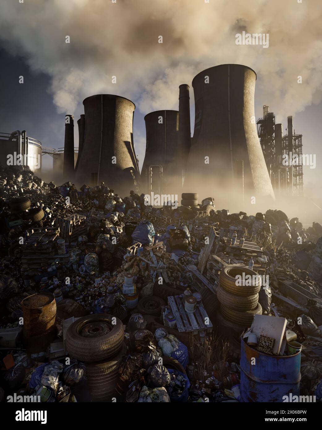 Power plant emitting polluted air with smokestacks and toxic garbage in foreground Stock Photo