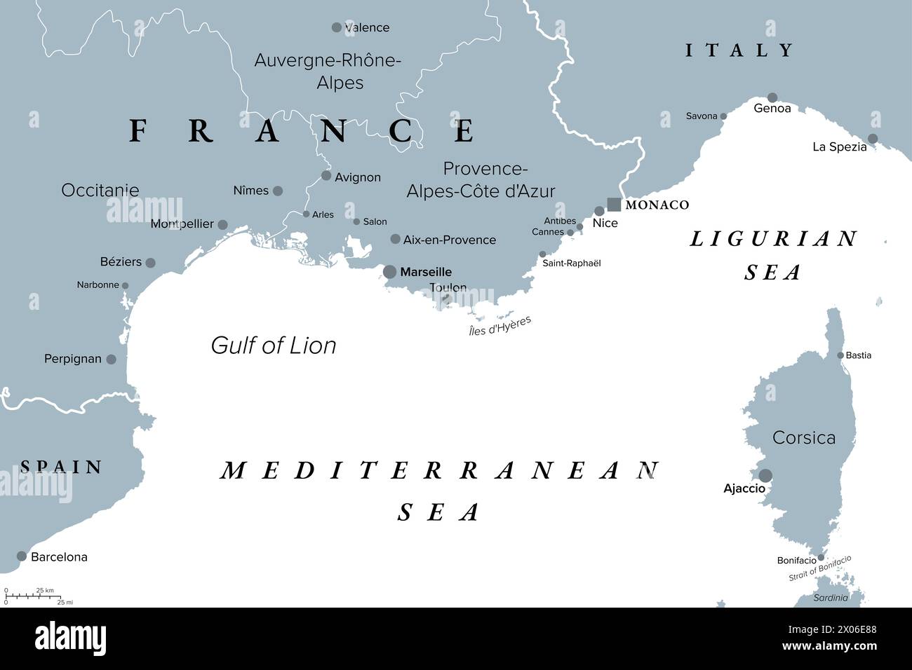 Southern France coastline, gray political map. Southernmost part of France, bordering the Mediterranean Sea. Stock Photo