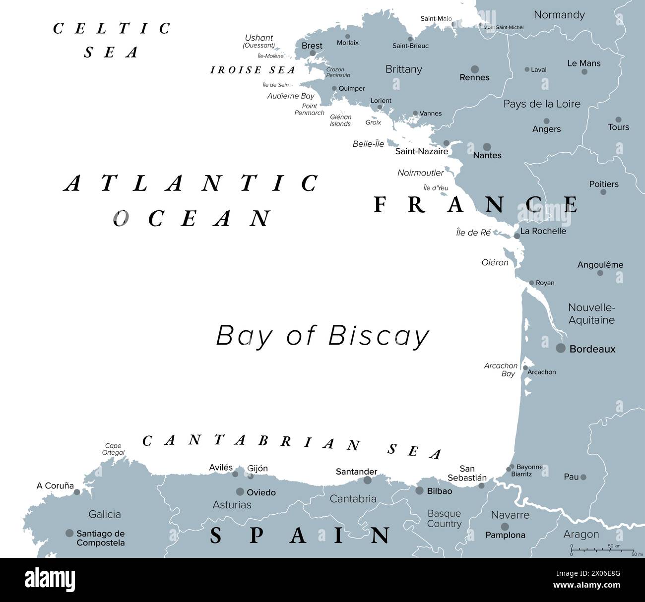 Bay of Biscay, also known as Gulf of Gascony, gray political map. Gulf of the northeast Atlantic