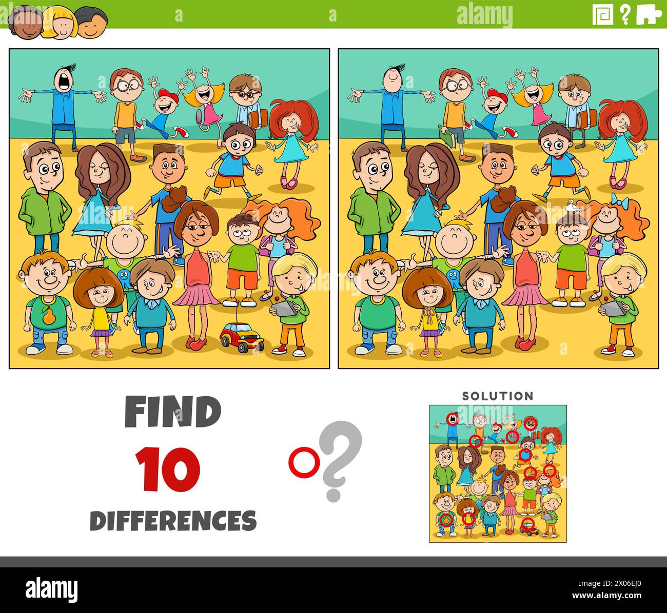 Cartoon illustration of finding the differences between pictures educational activity with children characters Stock Vector