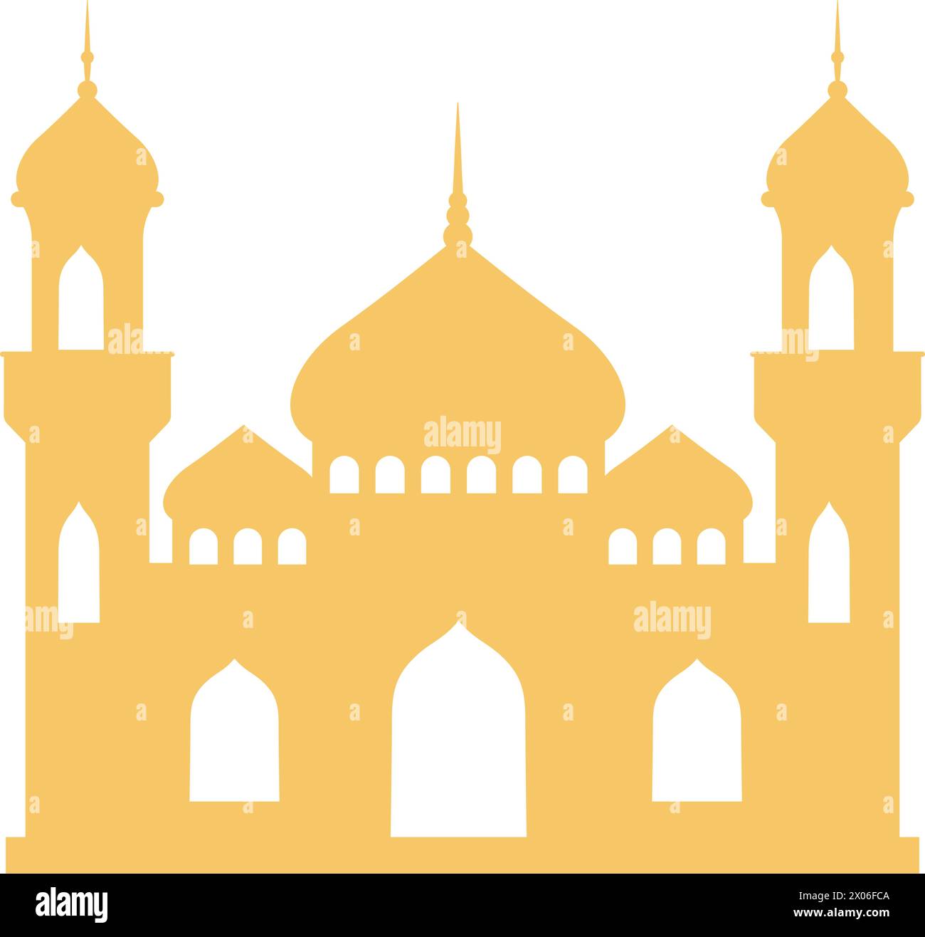 Silhouette of a muslim mosque building with a minaret. Mosque muslim arabic architecture religious graphics. Prayer building islamic culture. Flat Stock Vector