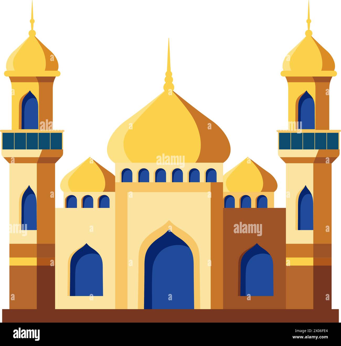 Islamic mosque with a golden dome and minaret. Mosque muslim arabic architecture religious graphics. Prayer building islamic culture. Flat style Stock Vector