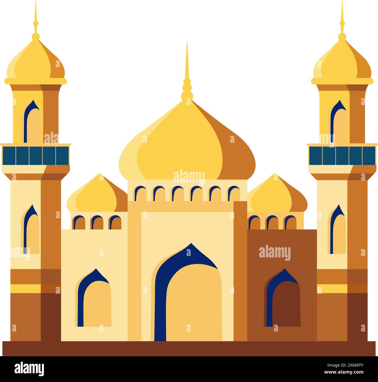Arabic muslim mosque and minaret. Mosque muslim arabic architecture religious graphics. Prayer building islamic culture. Flat style, sacred Stock Vector