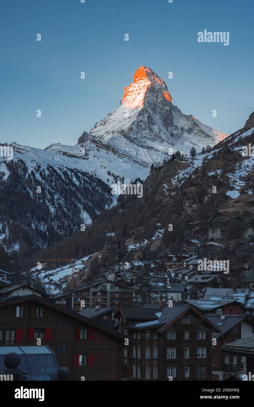 Twilight scene, Matterhorn mountain, Zermatt ski resort Stock Photo - Alamy