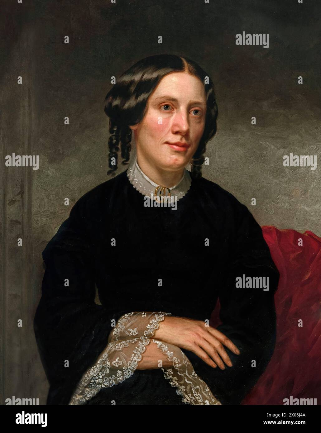 Harriet Beecher Stowe (1811-1896) portrait by Alanson Fisher (1807-1884) painted in 1853 a year after the publication of her seminal anti-slavery novel of 'Uncle Tom's Cabin that did much to progress the abolitionist cause in 1850s. The original portrait is oval and this version was digitally expanded to fit a rectangular exhibition space. Credit: National Portrait Gallery, Smithsonian Institution / Contraband Collection Stock Photo
