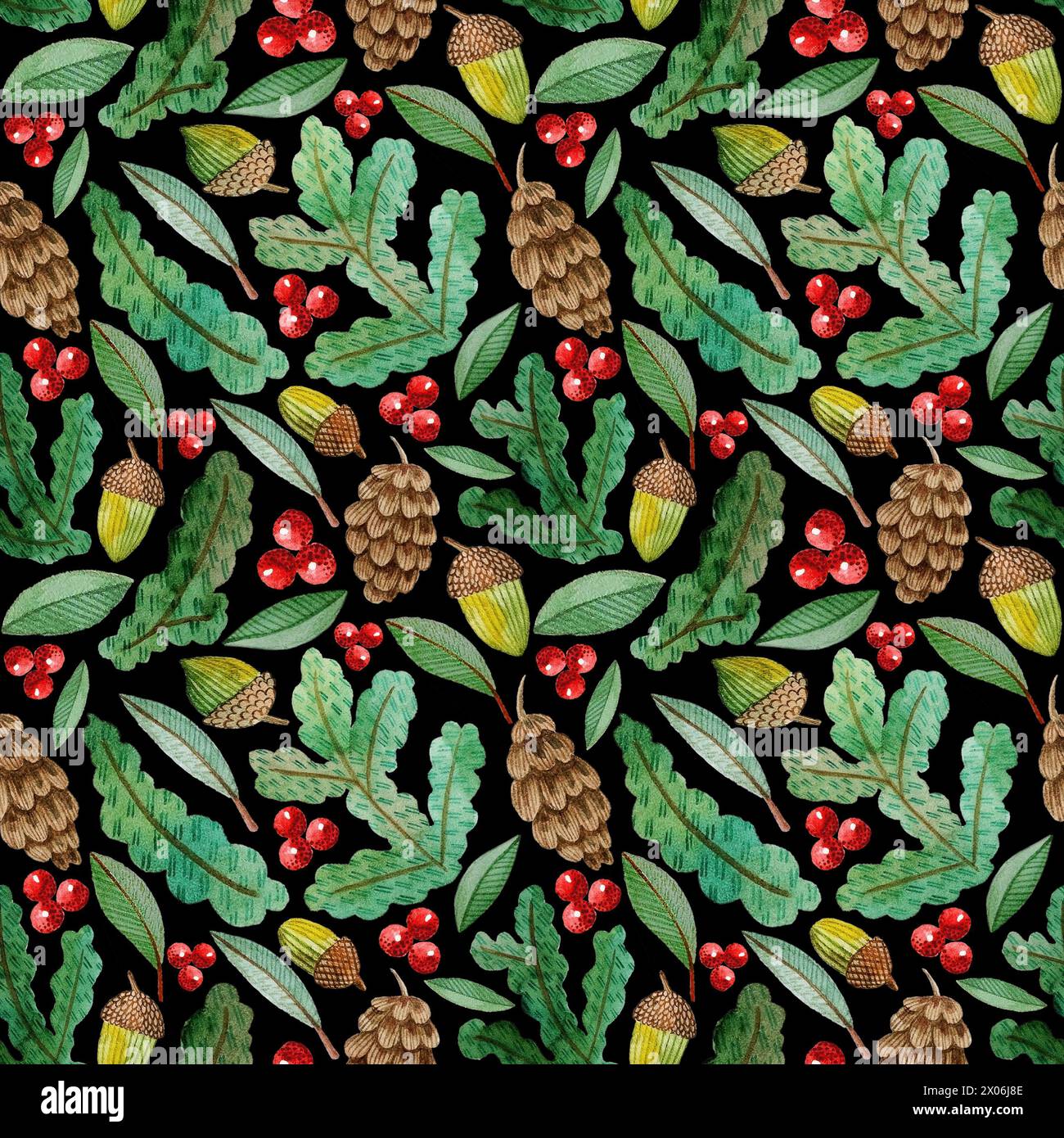 winter watercolor seamless pattern with pine branches, cones, acorns ...