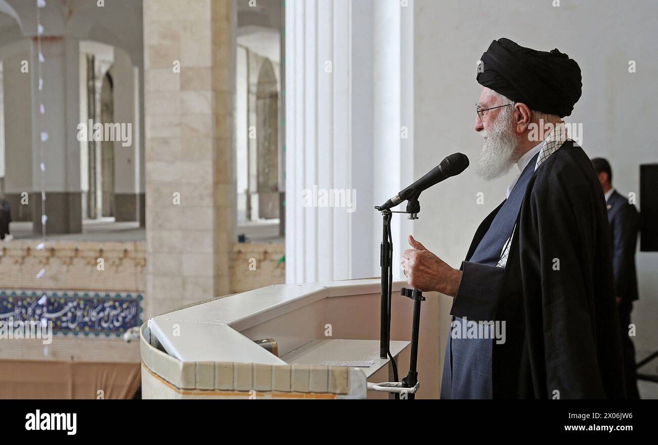 Tehran, Iran. 10th Apr, 2024. Iranian supreme leader Ayatollah Ali Khamenei attends for leading the Eid al-Fitr prayer ceremony in Tehran on April 10, 2024. Photo by Parspix/ABACAPRESS.COM Credit: Abaca Press/Alamy Live News Stock Photo