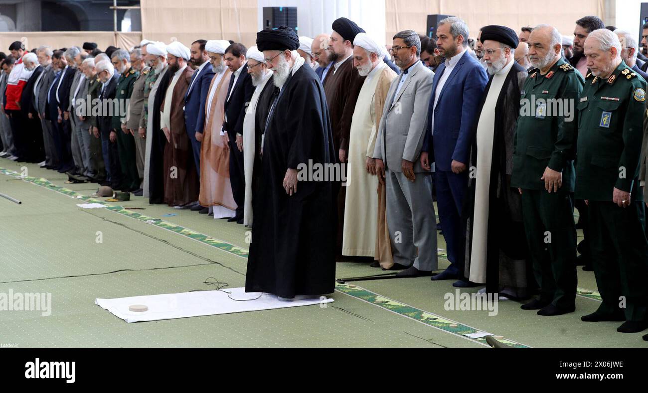 Tehran, Iran. 10th Apr, 2024. Iranian supreme leader Ayatollah Ali Khamenei attends for leading the Eid al-Fitr prayer ceremony in Tehran on April 10, 2024. Photo by Parspix/ABACAPRESS.COM Credit: Abaca Press/Alamy Live News Stock Photo