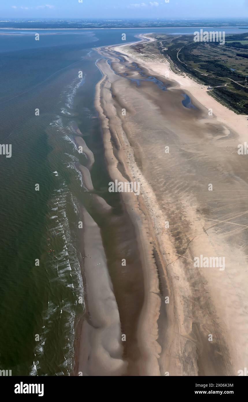 Coastal strip at low tide, aerial view, Netherlands, Goeree-Overflakee, Kwade Hoek Stock Photo