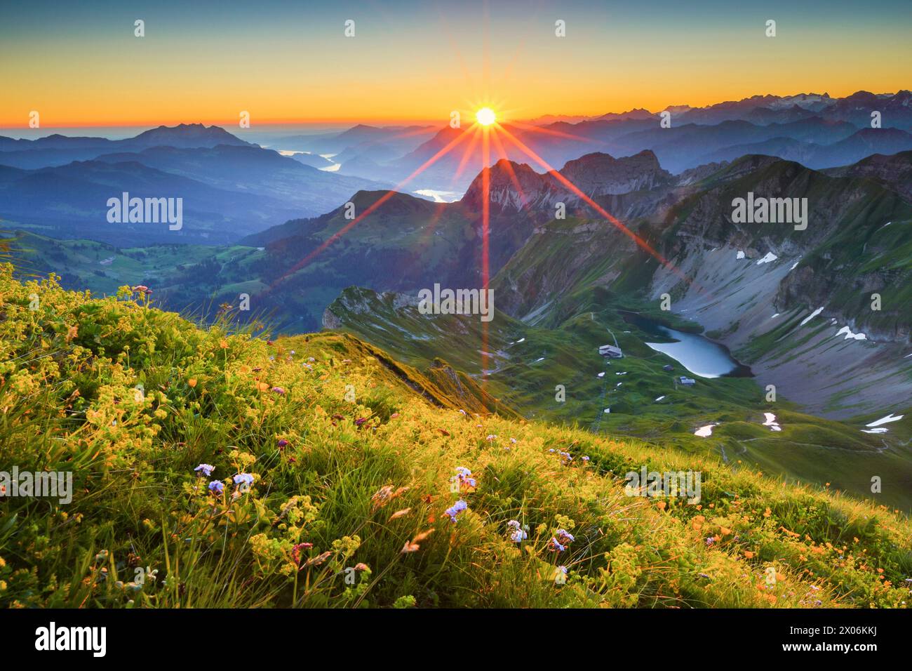 view from the Brienzer Rothorn at sunrise, Switzerland, Lucerne Stock Photo