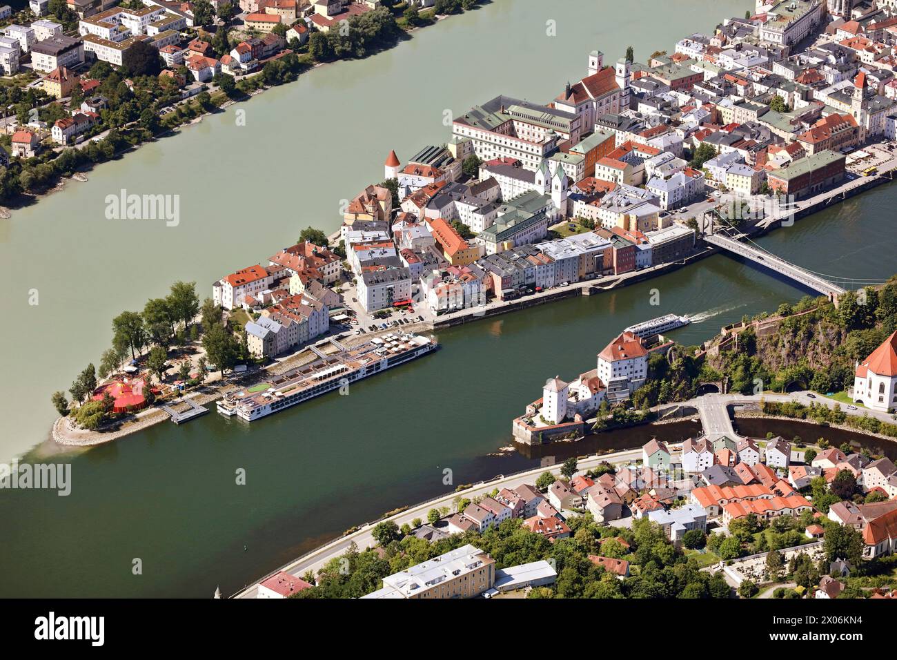 Confluence of the rivers Danube, Inn and Ilz on Passau, aerial view, 2022-07-19, Germany, Bavaria, Niederbayern, Lower Bavaria, Passau Stock Photo