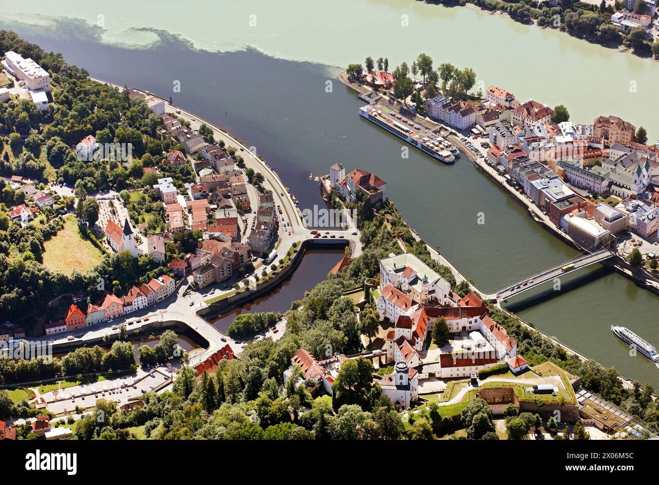 mouth of the river Ilz at Confluence of the rivers Danube, Inn and Ilz on Passau, aerial view, 2022-07-19, Germany, Bavaria, Niederbayern, Lower Bavar Stock Photo