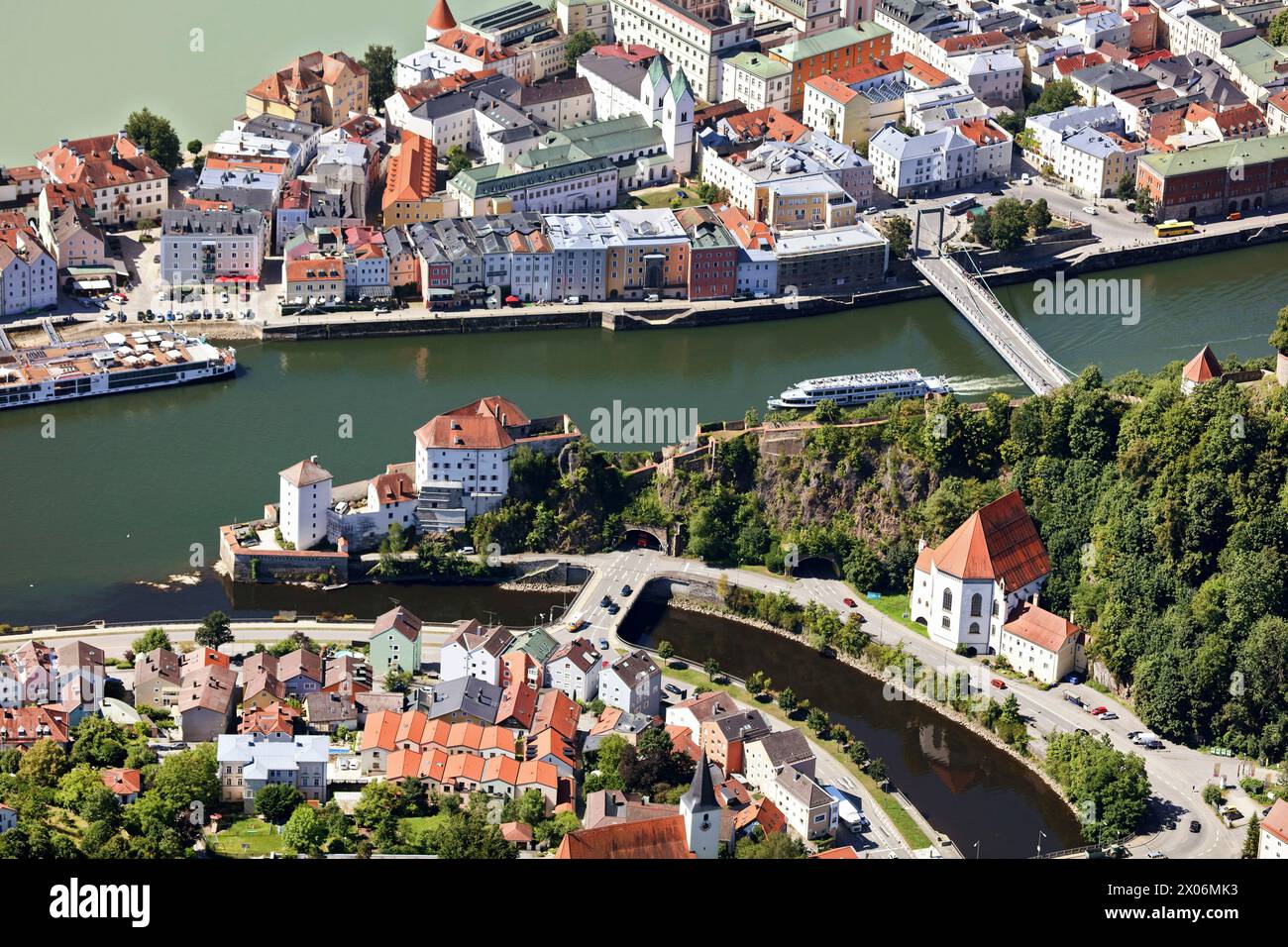 mouth of the river Ilz at Confluence of the rivers Danube, Inn and Ilz on Passau, aerial view, 2022-07-19, Germany, Bavaria, Niederbayern, Lower Bavar Stock Photo
