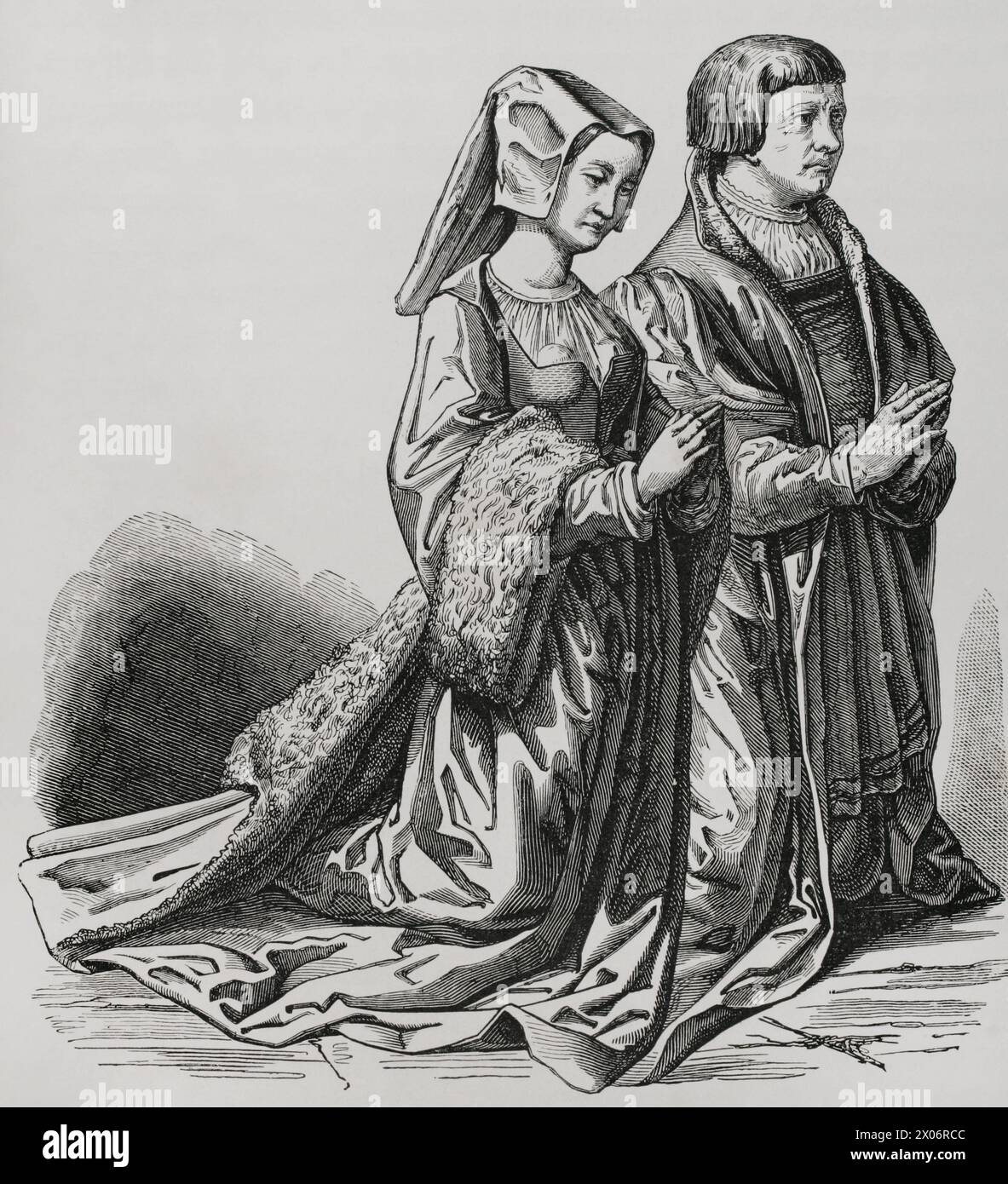 Bourgeois of Ghent in ceremonial costume, kneeling at the church. Engraving based on a stained glass window of a chapel in the city, 15th century. 'Moeurs, usages et costumes au moyen-âge et à l'époque de la Renaissance', by Paul Lacroix. Paris, 1878. Stock Photo