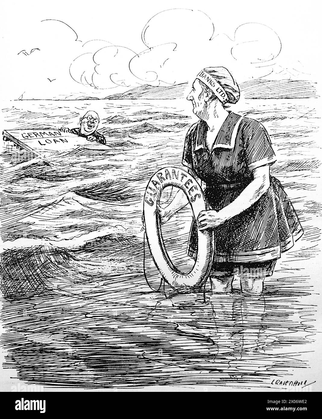 Safety First by Leonard Raven Hill, 13 August 1924, referring to German requests for bank loans. Photograph from a line drawing originally printed in the Punch and London Charivari periodical in 1924. This is a good example of the skilful artists and the humour and satire of the time. Stock Photo