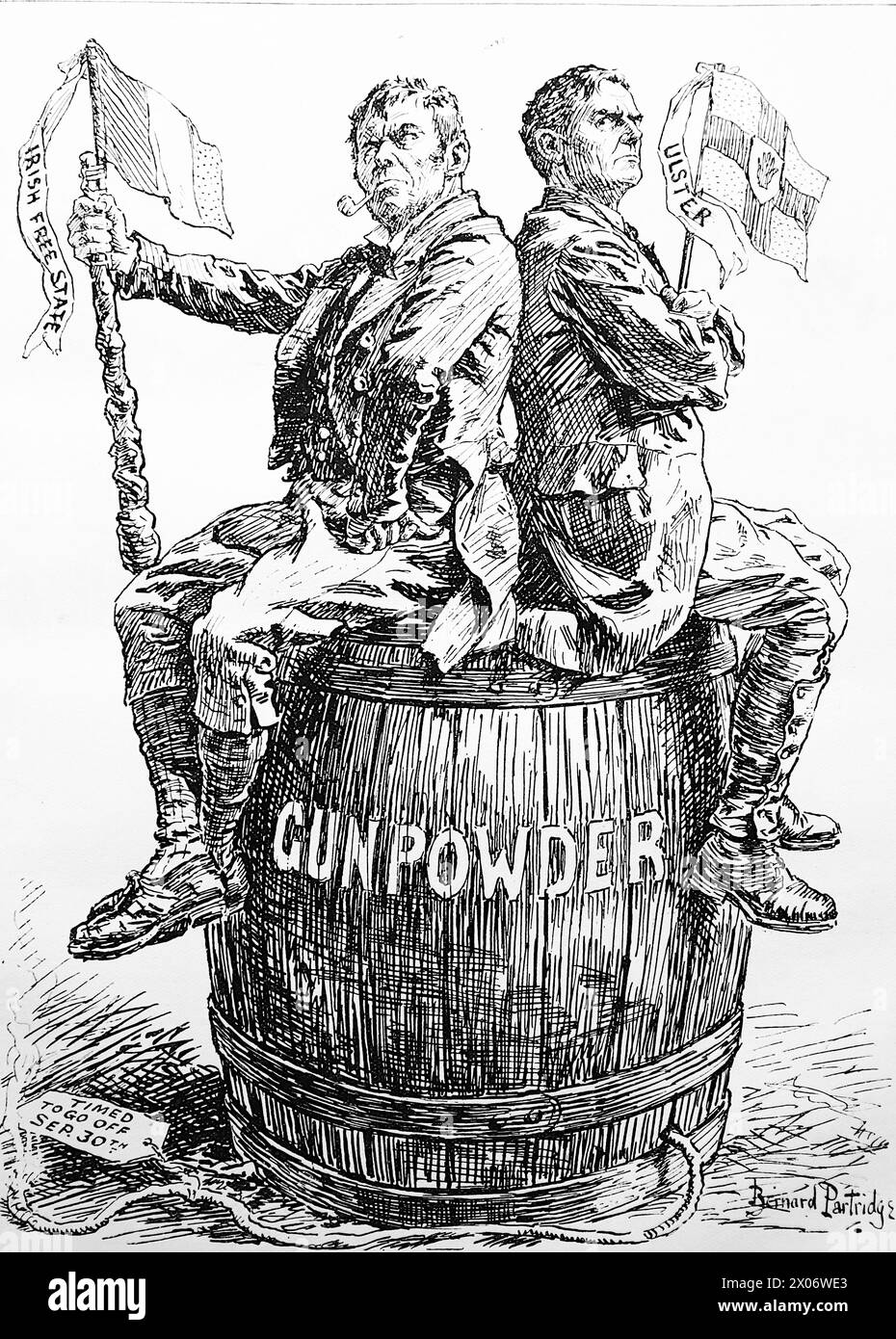 An Interval for Reflection by Bernard Partridge, 13 August 1924, showing a representative of Northern Ireland and another of the Irish Free State, both seated on a gunpowder barrel. Photograph from a line drawing originally printed in the Punch and London Charivari periodical in 1924. This is a good example of the skilful artists and the humour and satire of the time. Stock Photo