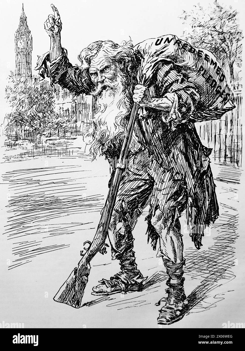 Ramsay Van Winkle, 1974, unattributed illustration, 17 September 1924, relating to pledges by the Labour Prime Minister Ramsay Macdonald and how many would still be unfulfilled in 1974. Photograph from a line drawing originally printed in the Punch and London Charivari periodical in 1924. This is a good example of the skilful artists and the humour and satire of the time. Stock Photo