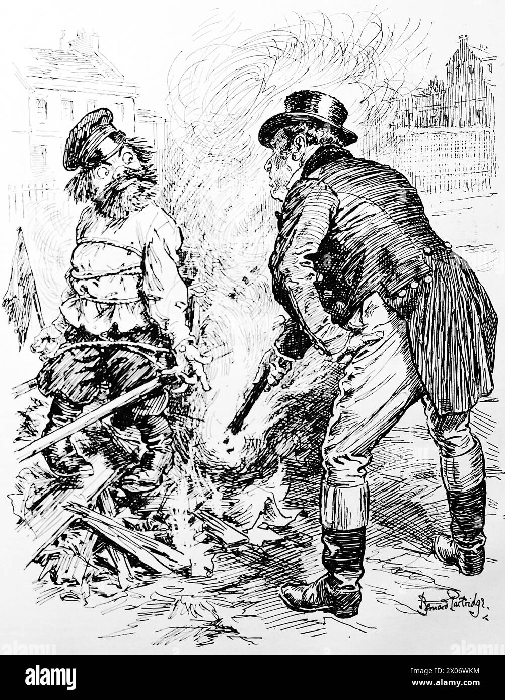 John Bull “Remembers, Remembers” by Bernard Partridge, 5 November 1924, showing businessman John Bull setting light to another character. Photograph from a line drawing originally printed in the Punch and London Charivari periodical in 1924. This is a good example of the skilful artists and the humour and satire of the time. Stock Photo