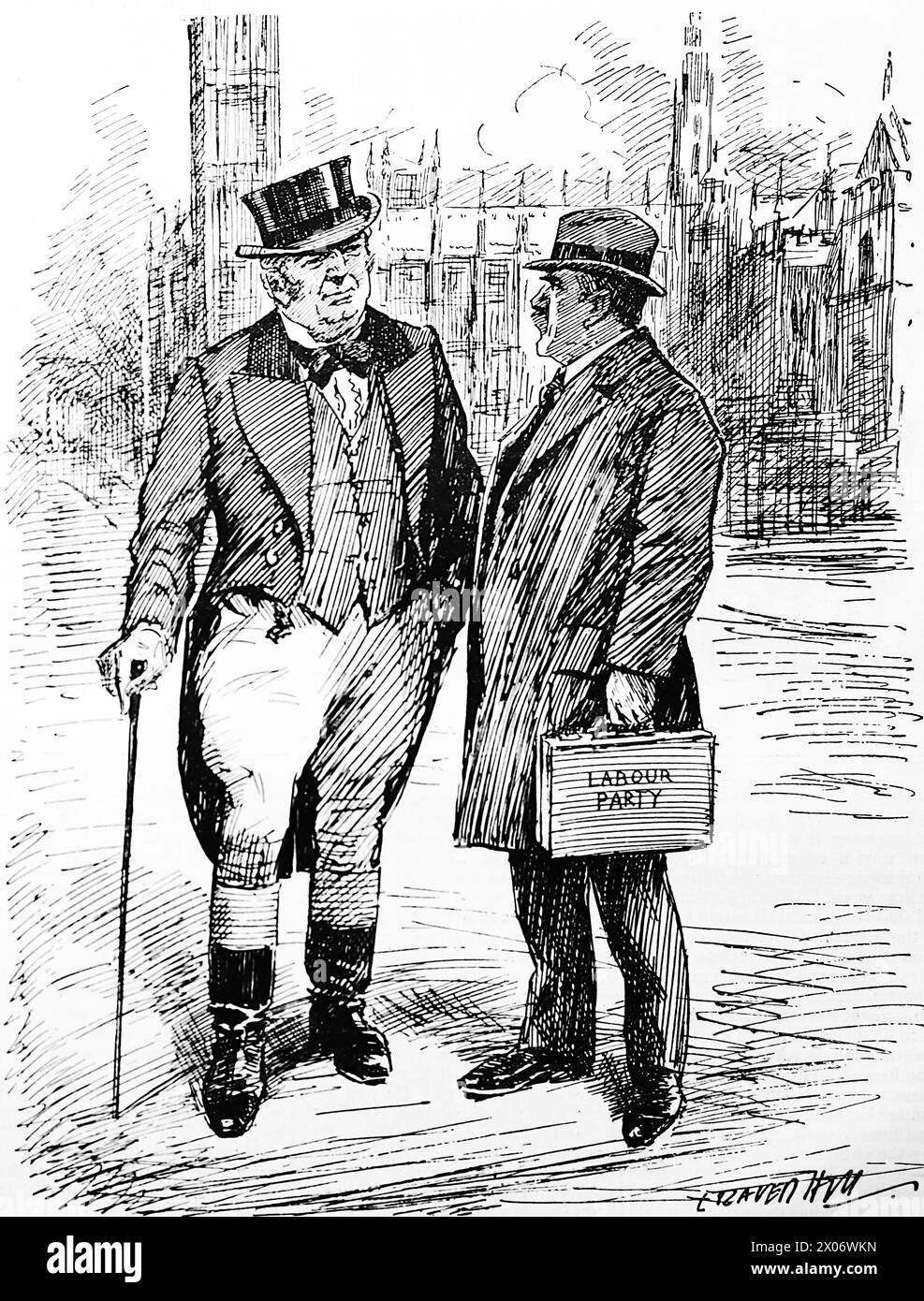 The Coming Test by Leonard Raven Hill, 12 November 1924, showing businessman John Bull and a Labour Party member. Photograph from a line drawing originally printed in the Punch and London Charivari periodical in 1924. This is a good example of the skilful artists and the humour and satire of the time. Stock Photo