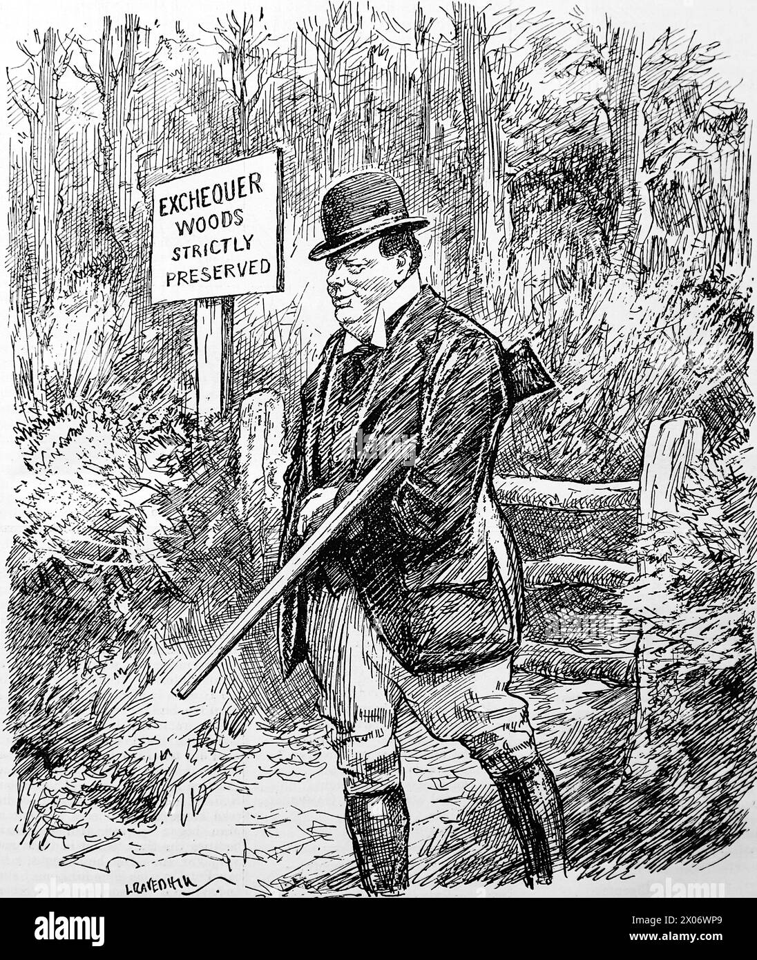 The Poacher Turned Keeper by Leonard Raven Hill, 19 November 1924, showing Winston Churchill carrying a shooting rifle. Photograph from a line drawing originally printed in the Punch and London Charivari periodical in 1924. This is a good example of the skilful artists and the humour and satire of the time. Stock Photo