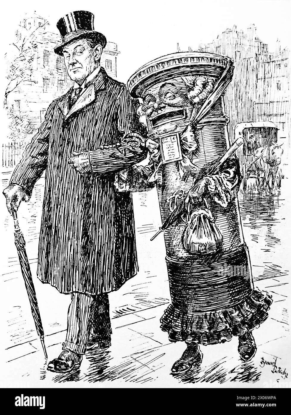 Penny-Halfpenny Wise by Bernard Partridge, 19 November 1924, showing a lady mailbox asking Stanley Baldwin if he will reduce postal rates. Photograph from a line drawing originally printed in the Punch and London Charivari periodical in 1924. This is a good example of the skilful artists and the humour and satire of the time. Stock Photo