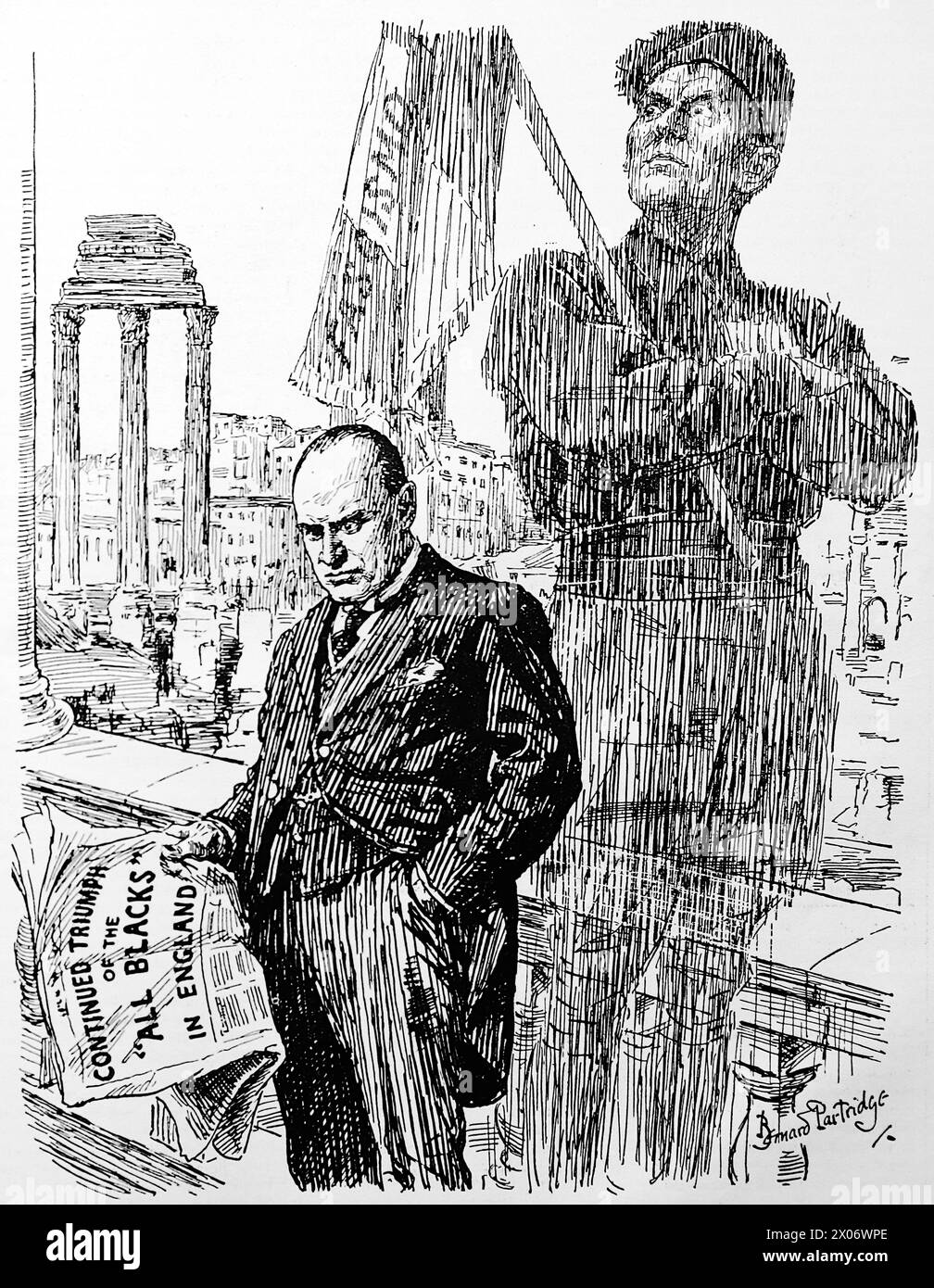 Black Jerseys and Black Shirts by Bernard Partridge, 26 November 1924, showing Mussolini holding a newspaper with reports of the All Blacks on their tour of England, and comparing this to his Black Shirts. Photograph from a line drawing originally printed in the Punch and London Charivari periodical in 1924. This is a good example of the skilful artists and the humour and satire of the time. Stock Photo