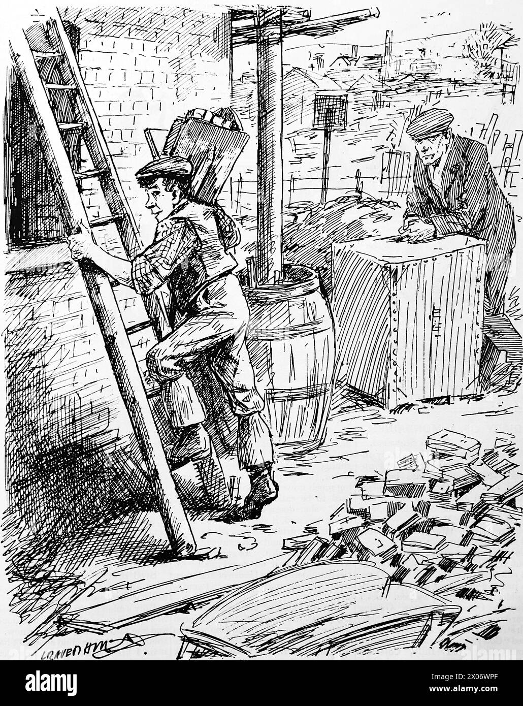 The Hope of the House by Leonard Raven Hill, 3 December 1924, showing an unemployed ex serviceman in conversation with an apprentice bricklayer. Photograph from a line drawing originally printed in the Punch and London Charivari periodical in 1924. This is a good example of the skilful artists and the humour and satire of the time. Stock Photo