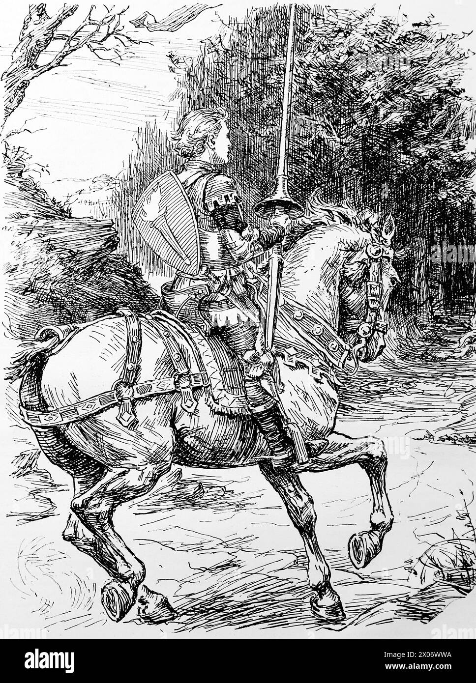 Youth and the Great Adventure, unattributed, 17 December 1924, featuring a knight in armour and with a lance, on horseback. Photograph from a line drawing originally printed in the Punch and London Charivari periodical in 1924. This is a good example of the skilful artists and the humour and satire of the time. Stock Photo