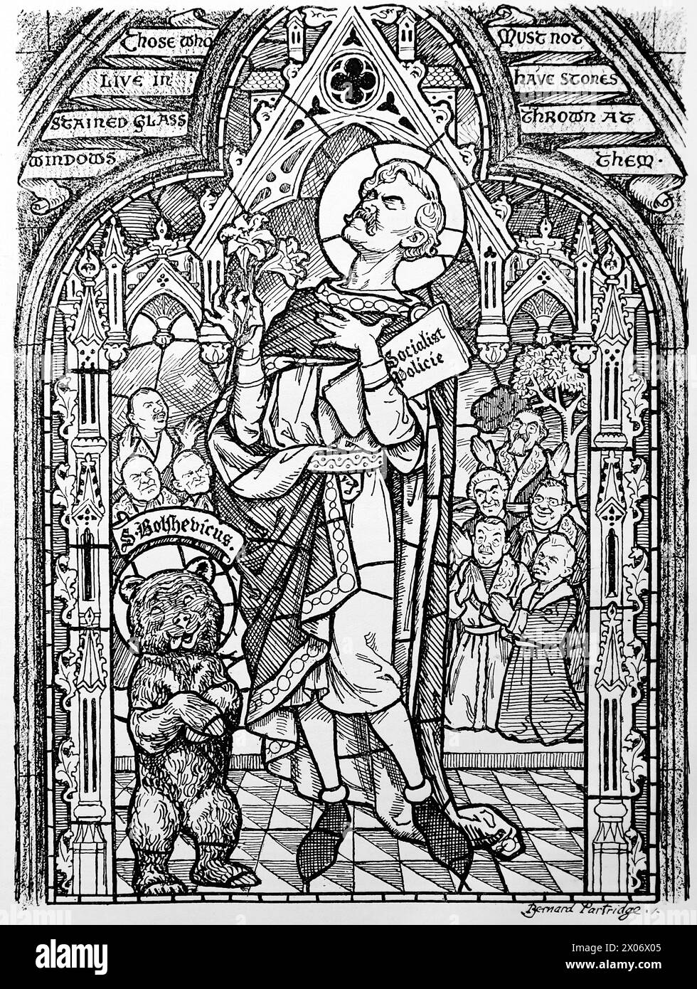 As the Premier Sees Himself by Bernard Partridge, 22 October 1924, showing Prime Minister Ramsay Macdonald in a stained glass window. Photograph from a line drawing originally printed in the Punch and London Charivari periodical in 1924. This is a good example of the skilful artists and the humour and satire of the time. Stock Photo