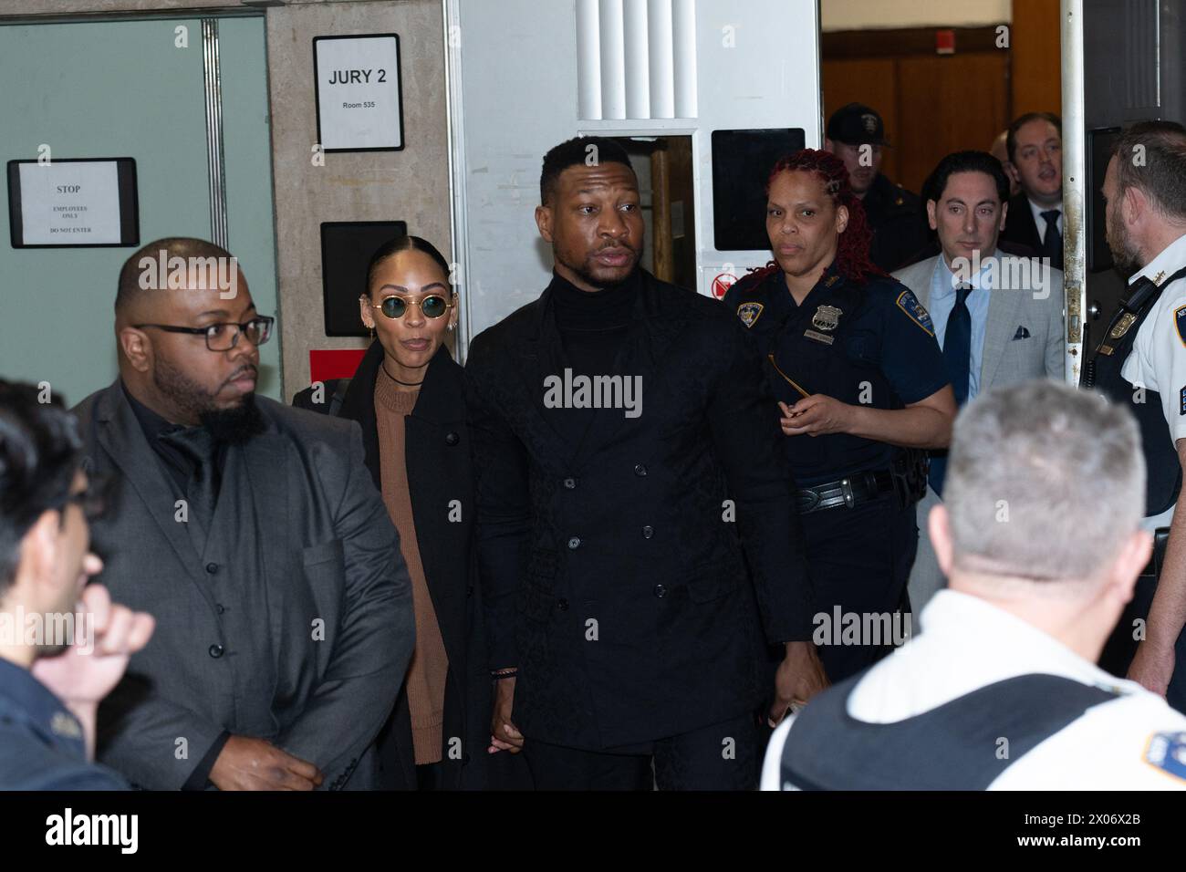 Manhattan, United States. 08th Apr, 2024. Jonathan Majors departs the New York Criminal Court in Manhattan after being sentenced to domestic violence programming in his domestic-violence case after being convicted of assaulting and harassing his ex-girlfriend Grace Jabbari. Credit: SOPA Images Limited/Alamy Live News Stock Photo