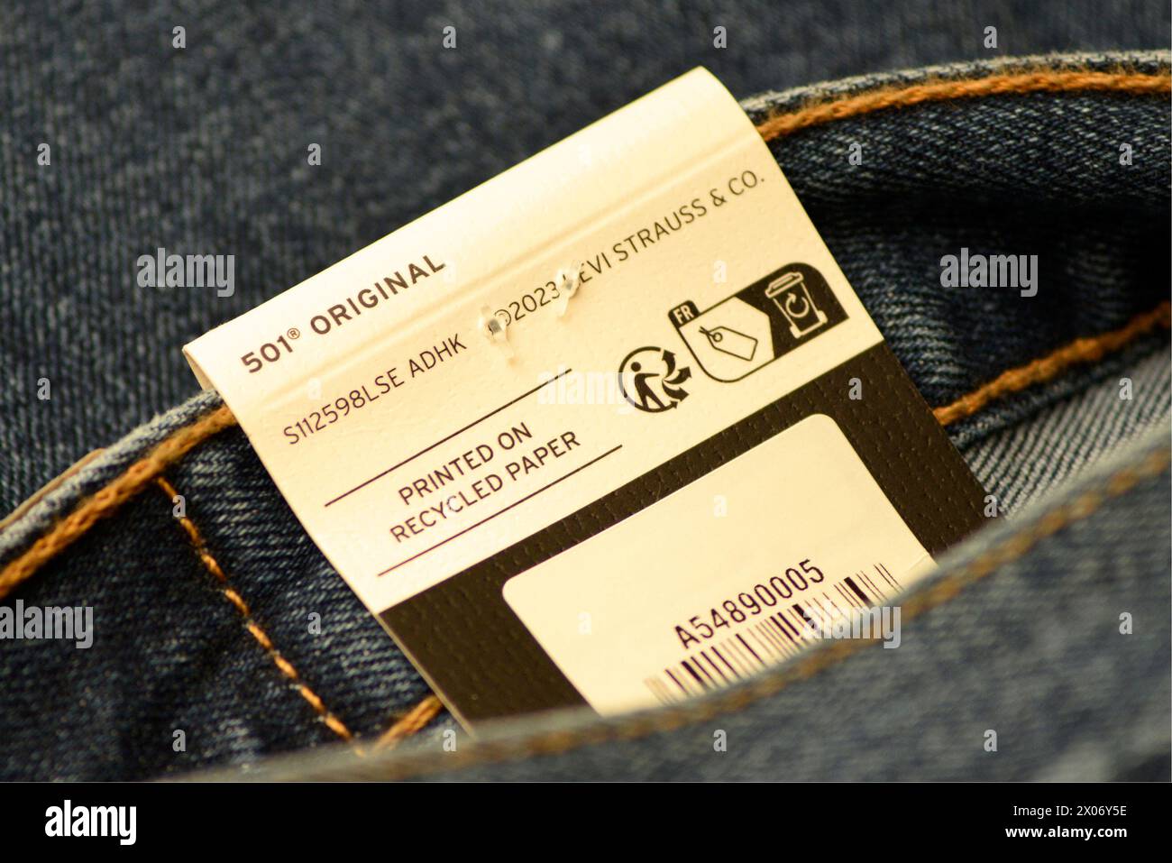 Levi Strauss 501 original jeans label printed on recycled paper 2023 Stock Photo