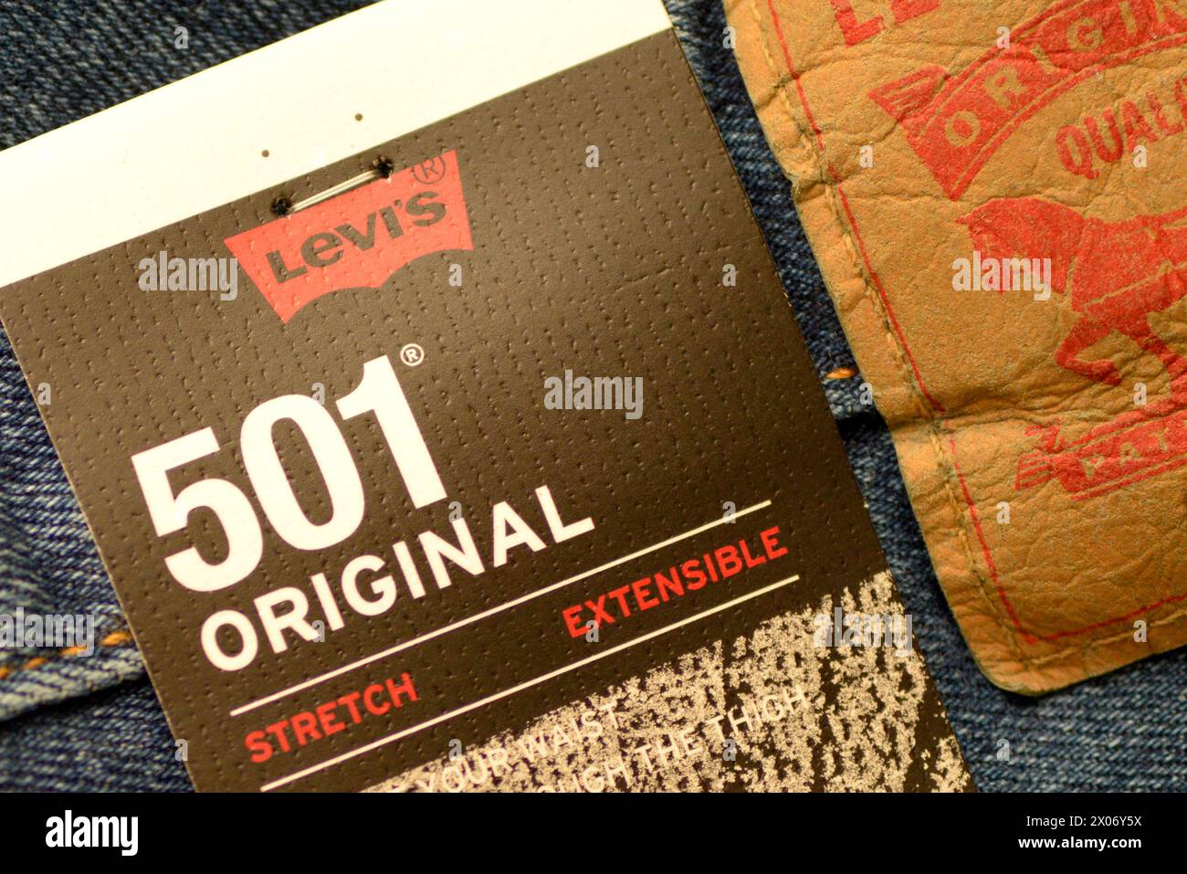 Levi Strauss 501 original stretch extensible jeans paper label close up detail Stock Photo