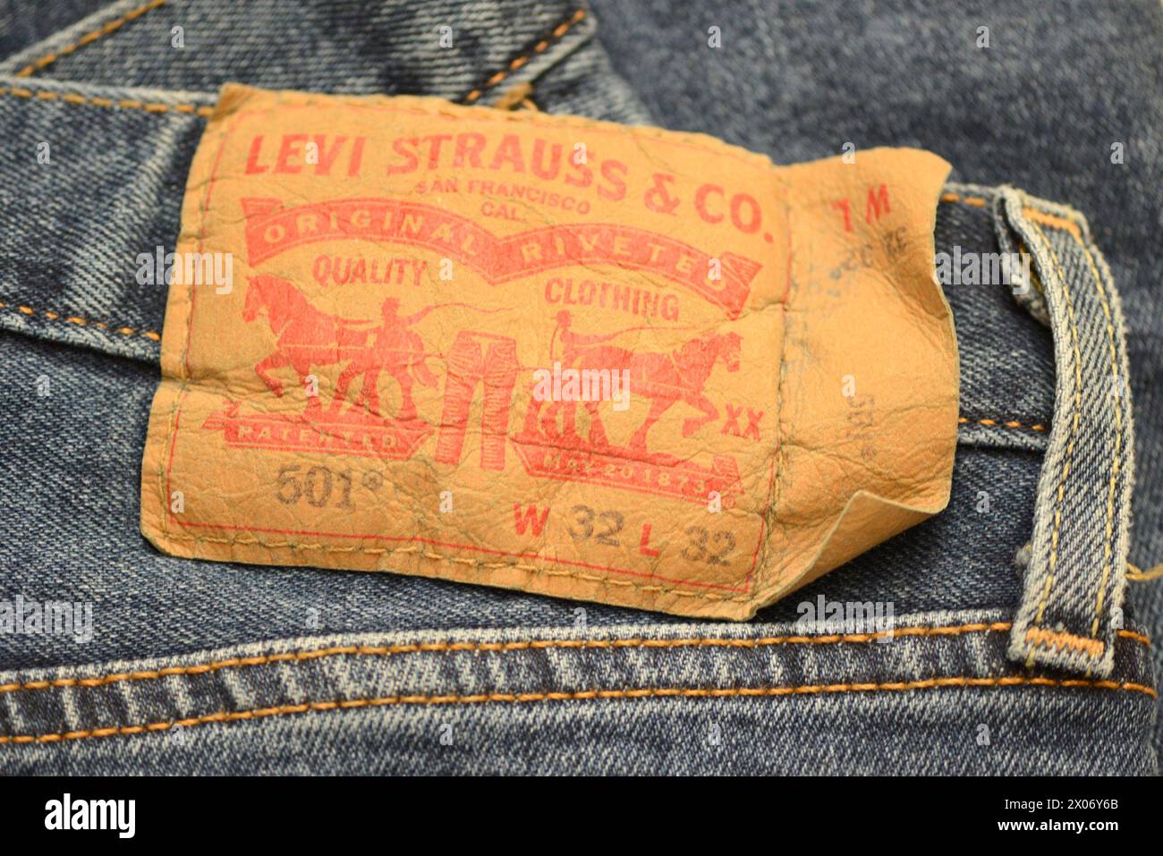 Levi Strauss 501 original jeans leather label close up detail Stock Photo