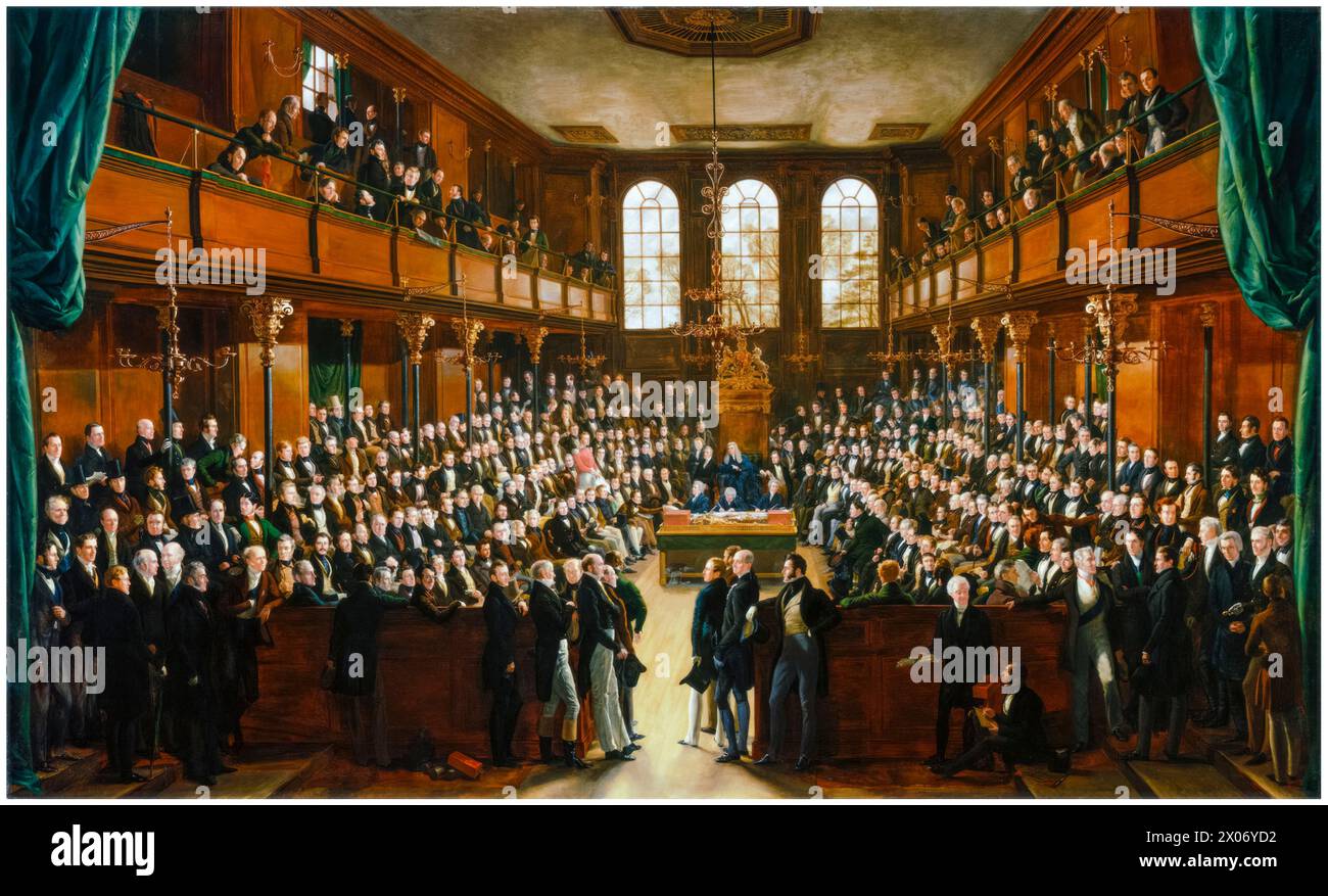 19th Century British Parliament, The House of Commons, 1833, painting in oil on canvas by Sir George Hayter, 1833-1843 Stock Photo