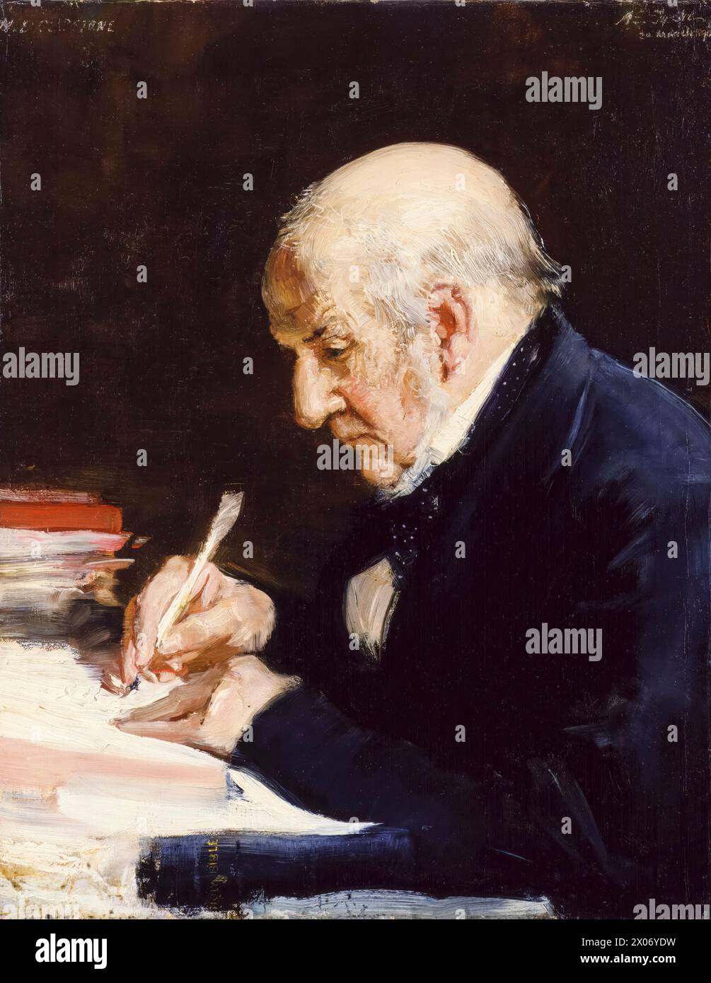 William Gladstone (William Ewart Gladstone, 1809-1898), Liberal politician and four times Prime Minister of the United Kingdom 1868-1874, 1880-1885, Feb-Jul 1886, and 1892-1894, portrait painting in oil on canvas by Alfred Edward Emslie, 1890 Stock Photo