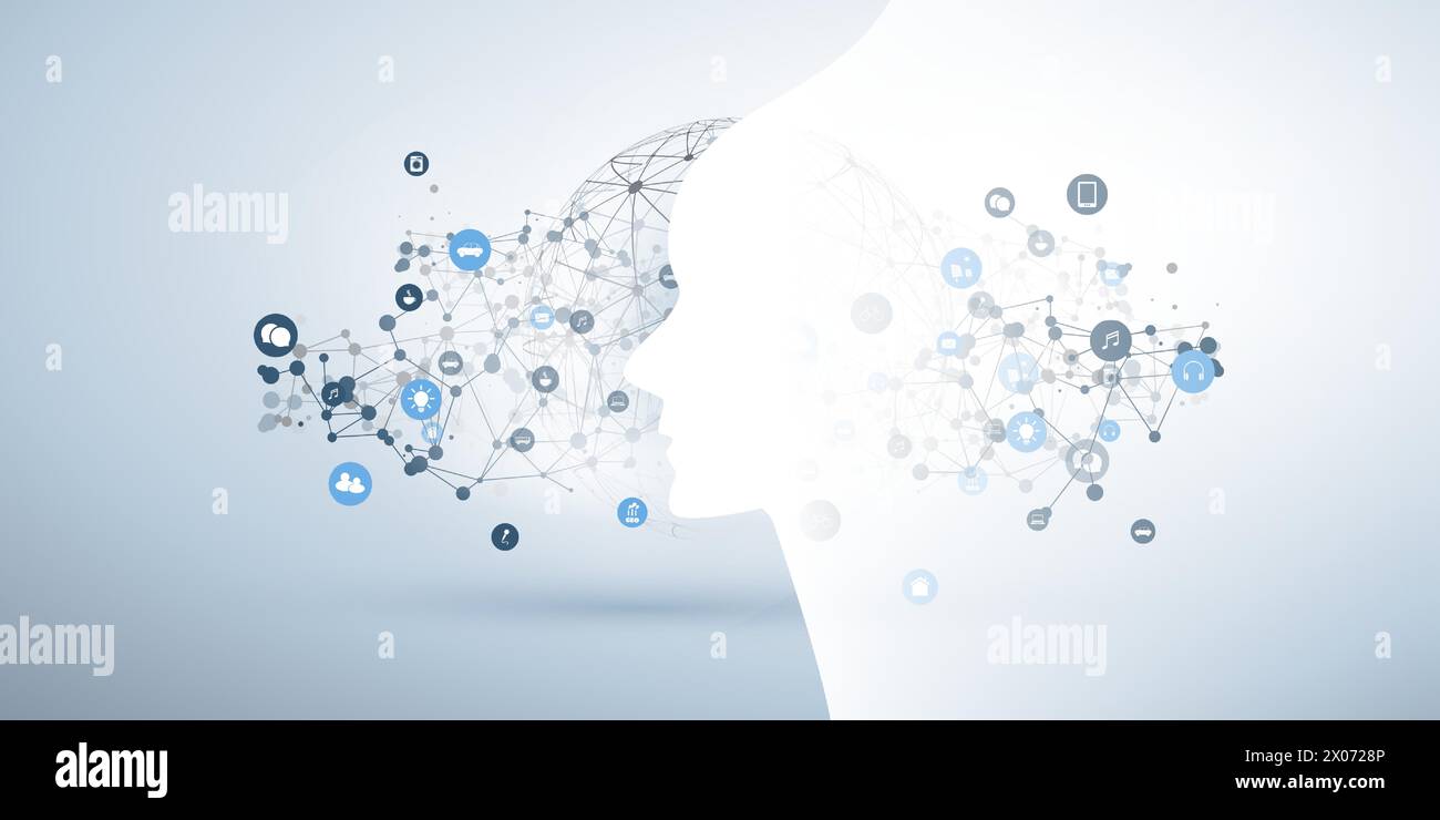 Machine Learning, Artificial Intelligence, Cloud Computing and Networks Design Concept with Human or Robot Face Silhouette, Icons and Polygonal Networ Stock Vector