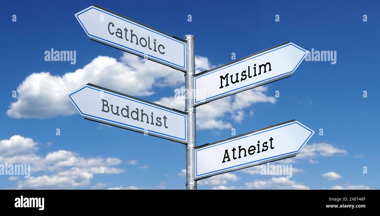 Catholic, muslim, buddhist, atheist - metal signpost with four arrows Stock Photo