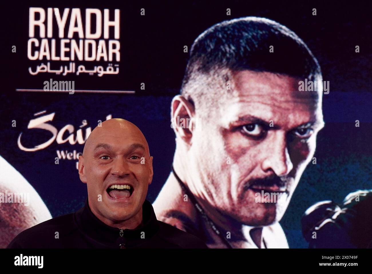 Tyson Fury during a press conference at the The Mazuma Mobile Stadium, Morecambe. Tyson Fury faces Oleksandr Usyk in the 'Ring of Fire' undisputed world heavyweight title fight in Riyadh, Saudi Arabia on 18 May 2024. Picture date: Wednesday April 10, 2024. Stock Photo