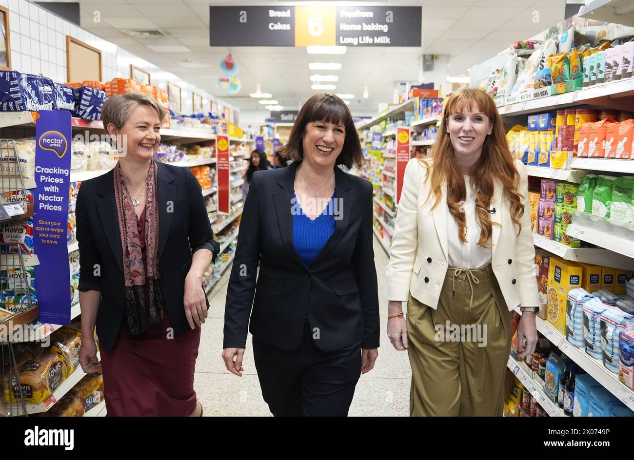 (left-right) Labour's shadow home secretary Yvette Cooper, shadow chancellor Rachel Reeves and deputy leader Angela Rayner during their visit to Sainsbury's in Yarm, Teesdale, to unveil the party's five-point plan to 'breathe new life' into high streets which includes reforming business rates and tougher laws on shoplifting. Picture date: Wednesday April 10, 2024. Stock Photo